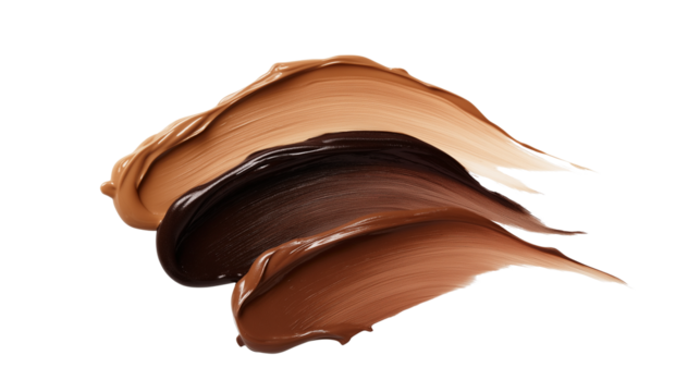 Gradient liquid foundation smear in three skin tones, blended organically, realistic texture and sheen, PNG on white background, professional studio style 