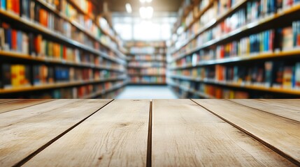 Library Bookshelves Blurred Wooden Table