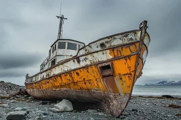 Abandoned rusting ship on a rocky shore