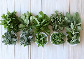Fresh Herbs on White Wood