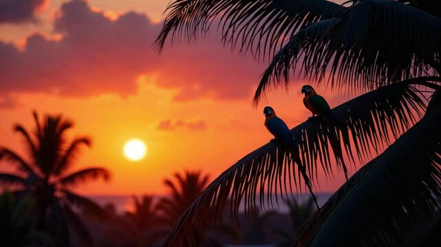 Two parrots observing a sunset against palm trees  