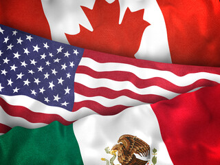Illustration of Canadian, American, and Mexican flags together, symbolizing North American trade agreements, cooperation, and economic integration. © Mdv Edwards