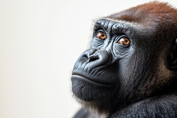 Obraz premium Thoughtful Gorilla Portrait with Intense Gaze in Soft, Neutral Light