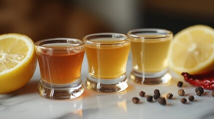 Three Honey Lemon Shots with Peppercorns and Chili
