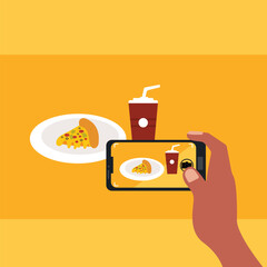 Close up of hand taking picture of garnished food serving in a plate at cafe or restaurant vector illustration. food blogging concept.