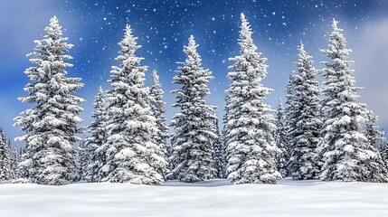 Fototapeta premium Snow-dusted evergreen trees under a starry night sky.