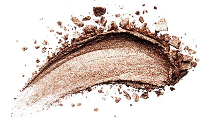 Textured stroke of golden shimmer eyeshadow, scattered sparkle particles, clean top view, white background, PNG, professional lighting 