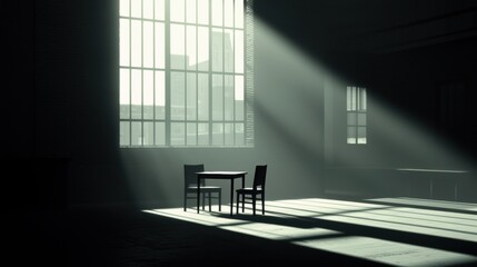 A dimly lit room with a table and two chairs, bathed in sunlight streaming through a large window.