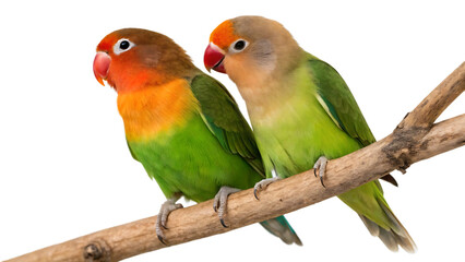 Obraz premium Colorful Lovebirds on Branch Isolated on White Background