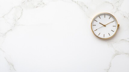 A gold clock with white face and black numbers on a marble background.