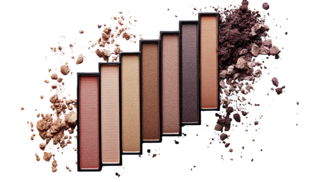 Eyeshadow palette with warm neutral tones, top view, slight scattered pigment dust, high-resolution PNG, hyper-detailed, cinematic studio light, white background