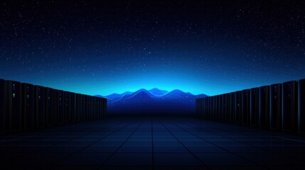 A futuristic server room with a blue sky and mountains in the background.