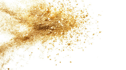 Crushed highlighter powder in champagne color, scattered glow particles, top-down cosmetic texture, hyper-detailed PNG, white background 