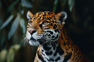 Obraz premium Close-up Portrait of a Majestic Jaguar Looking Upward with Intense Gaze
