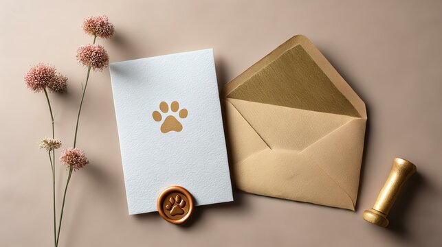 pet remembrance jewelry Beautifully arranged card with paw print, envelope, wax seal, and flowers for pet lovers or birthday invitations. - Powered by Adobe
