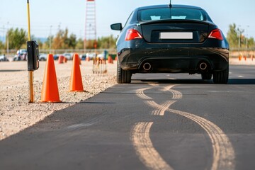 A practice driving scene showing tire marks on a training track with a car in focus.