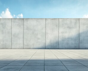 Fototapeta premium Modern Concrete Wall and Tiled Floor with Sky Background Copy Space