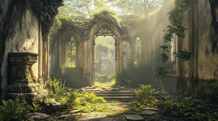 Overgrown Gothic Ruins: Sunlit Stone Archway and Verdant Pathway