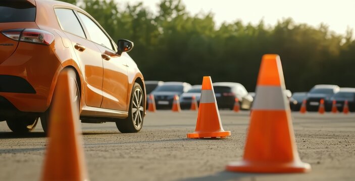 A driving training session outdoors featuring a small compact vehicle, captured in high resolution.