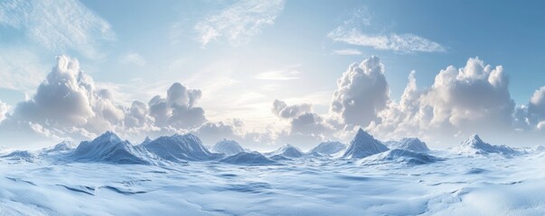Snowy Mountain Peaks and Cloudscape Landscape Under Bright Sky Panorama