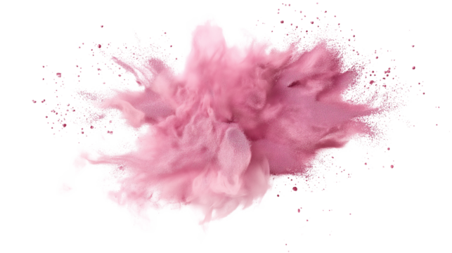 Top view of soft pink blush powder explosion, scattered texture, realistic cosmetic particles, isolated on white background, PNG, high-resolution, hyper-detailed, professional lighting