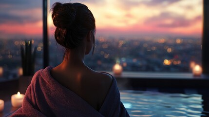 Fototapeta premium Serene Sunset Cityscape: Woman Relaxing in a Rooftop Bath