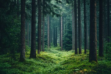 Obraz premium Misty forest path. Lush green trees