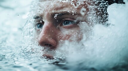 Submerged: A Man's Face Emerges from Water, Bubbles Enveloping Him
