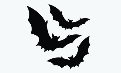 Flying flock of bats silhouette, large flock of bats on a white background