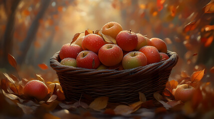 Autumnal Apples: A Rustic Basket of Dew-Kissed Fruit in Warm Sunlight