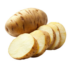 Freshly sliced half potatoes isolated on white background for culinary inspiration and recipes, half potatoes and sliced isolated, isolated on white background