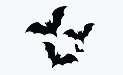 Flying flock of bats silhouette, large flock of bats on a white background