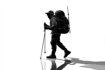 Hiker Walking with Backpack and Trekking Poles on White Background  