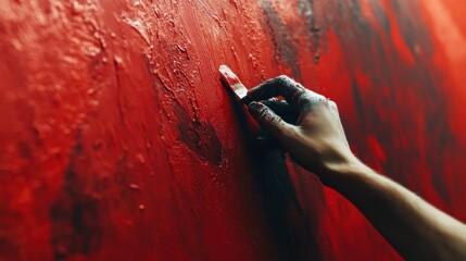 Fototapeta premium Painter applying a coat of paint on a wall. Featuring home improvement and interior design