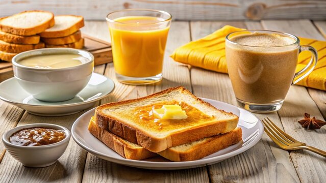 Delicious Brazilian Breakfast: Toasted Bread, Melted Butter, Coffee & Milk