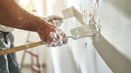 Painter applying a coat of paint on the interior walls of a home. Featuring attention to detail and finishing