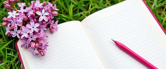 Naklejka premium Open notebook with pink pen and lilac flowers on grass 