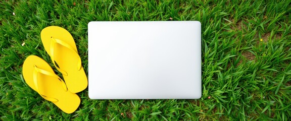 Summer vacation essentials with laptop and flip-flops on grass  