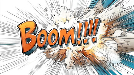 Isolated comic book illustration with sketchy 'Boom!!!' text and explosion effect on white background.