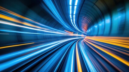 Streaking blue and gold light trails converge within a dark tunnel, creating a sense of rapid motion and depth