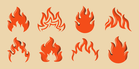 Set of fire flames in retro comic style with textured shading. Perfect for camping, survival, tattoo or graphic branding elements. Fire flame icons set in vintage retro style. Vector illustration