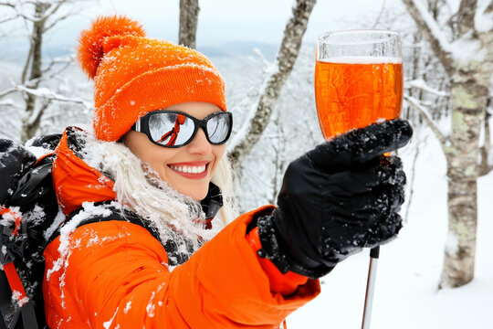Après-ski celebration: A cheerful woman in bright orange winter gear holds up a glass beverage in the snow.