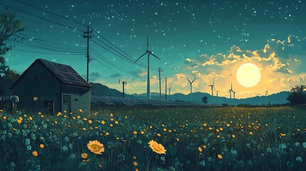 Eco-Friendly Village with Solar Panels and Wind Turbines, Eco-friendly village with solar panels and wind turbines