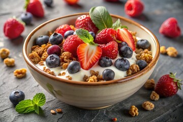 Delicious Granola with Yogurt and Berries - Closeup Stock Photo