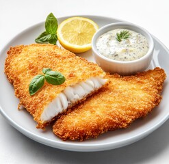 Crispy Fried Fish Fillets with Tartar Sauce and Lemon on Plate