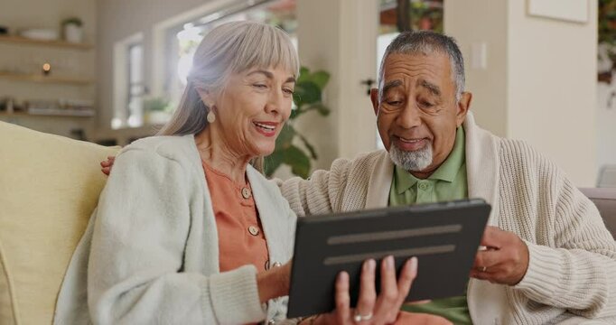 Senior couple, tablet or coffee to relax on internet, social media or blog website on lounge sofa. Older man, woman or tech to search, update or download of ebook, meme or post article as fun bonding