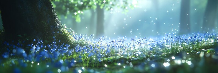 Dew-covered bluebells glow in a mystical forest, bathed in soft ethereal light. A dreamy fantasy atmosphere with soft focus, perfect for dreamcore and fairy tale visuals. Enchanted and surreal.