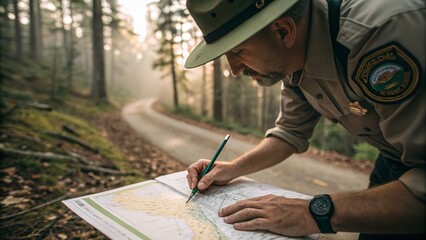 A forest ranger uses a map to navigate a winding road in a misty, green forest environment.