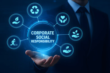 Businessperson Holding Holographic Corporate Social Responsibility Infographic with Icons in Futuristic Office