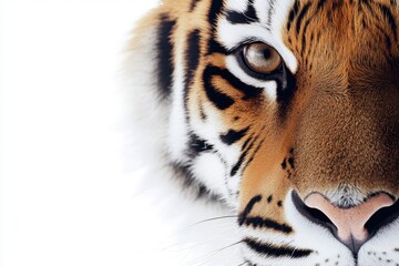 Fototapeta premium Close-up of Tiger Face Showing Eye and Fur Detail on White